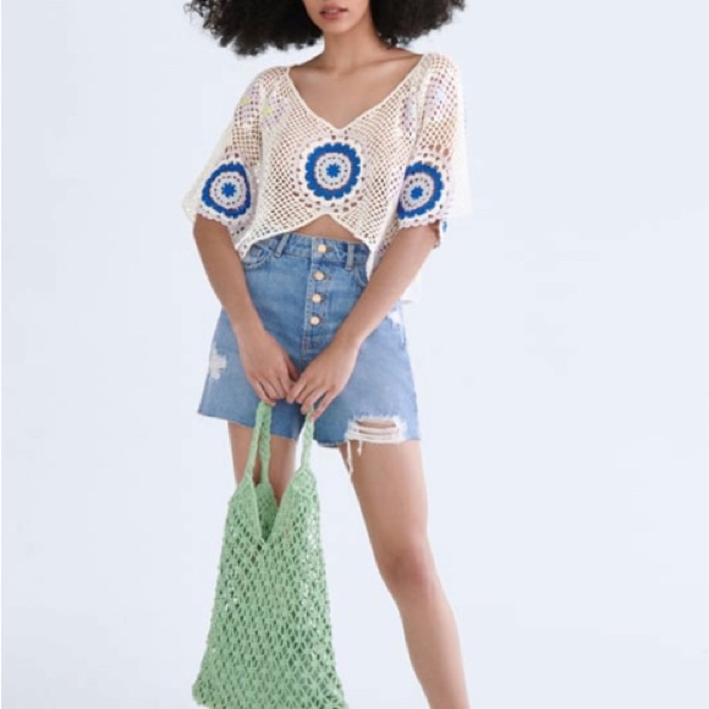 NWT ZARA RIPPED DENIM SHORTS MID-BLUE